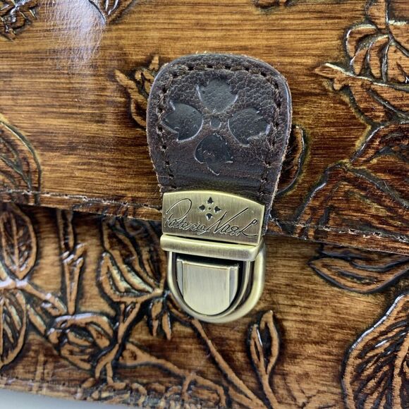 Patricia Nash Lanza Rose Tooled Leather Clutch Wristlet Brown Clasp Flap Small - Picture 2 of 16